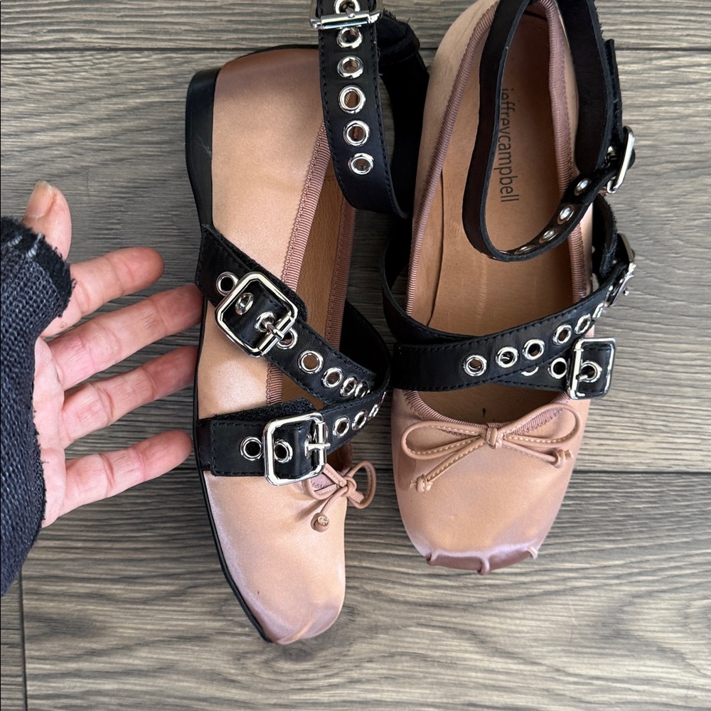 Jeffrey Campbell Choreo ballet flats in pink satin with black buckled straps. - Picture 14 of 16